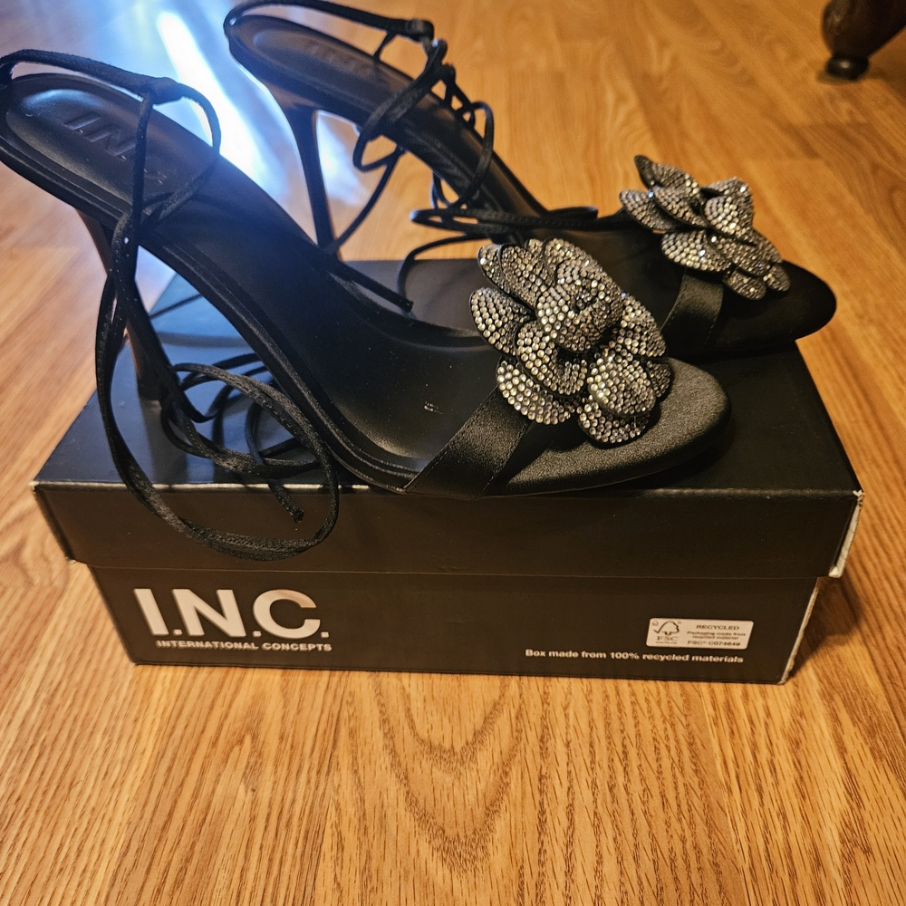 INC International Concepts Black Heels with Embellished Floral Design